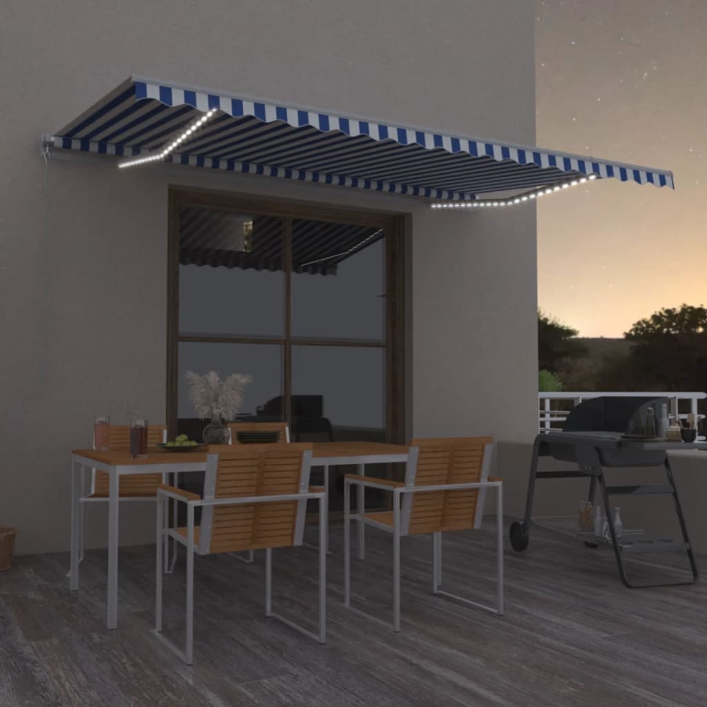 Vidaxl Luifel estendibile manualmente con LED 500x350 cm blu e bianco
