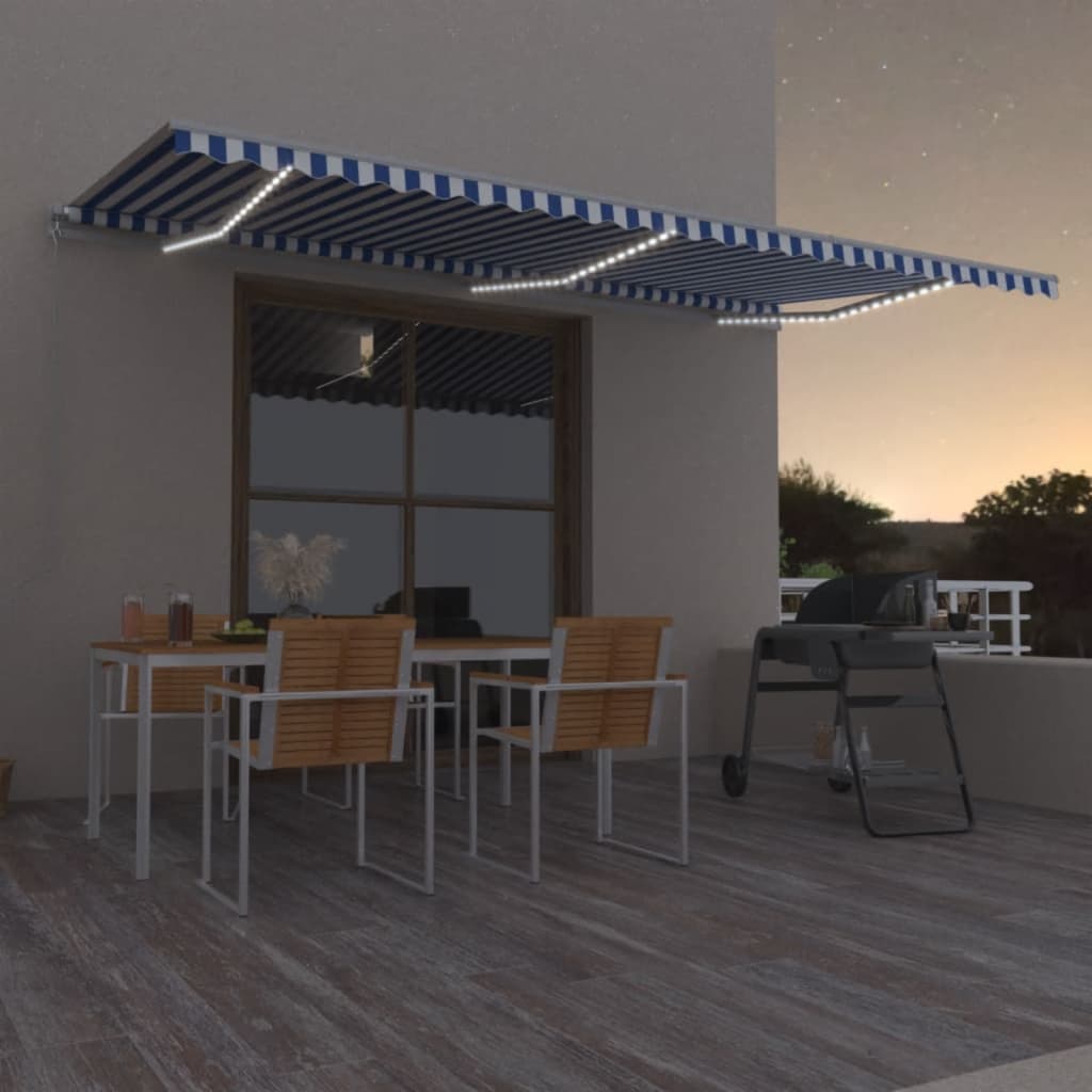 VidaXL Luifel handmatig uittrekbaar met LED 600x350 cm blauw en wit