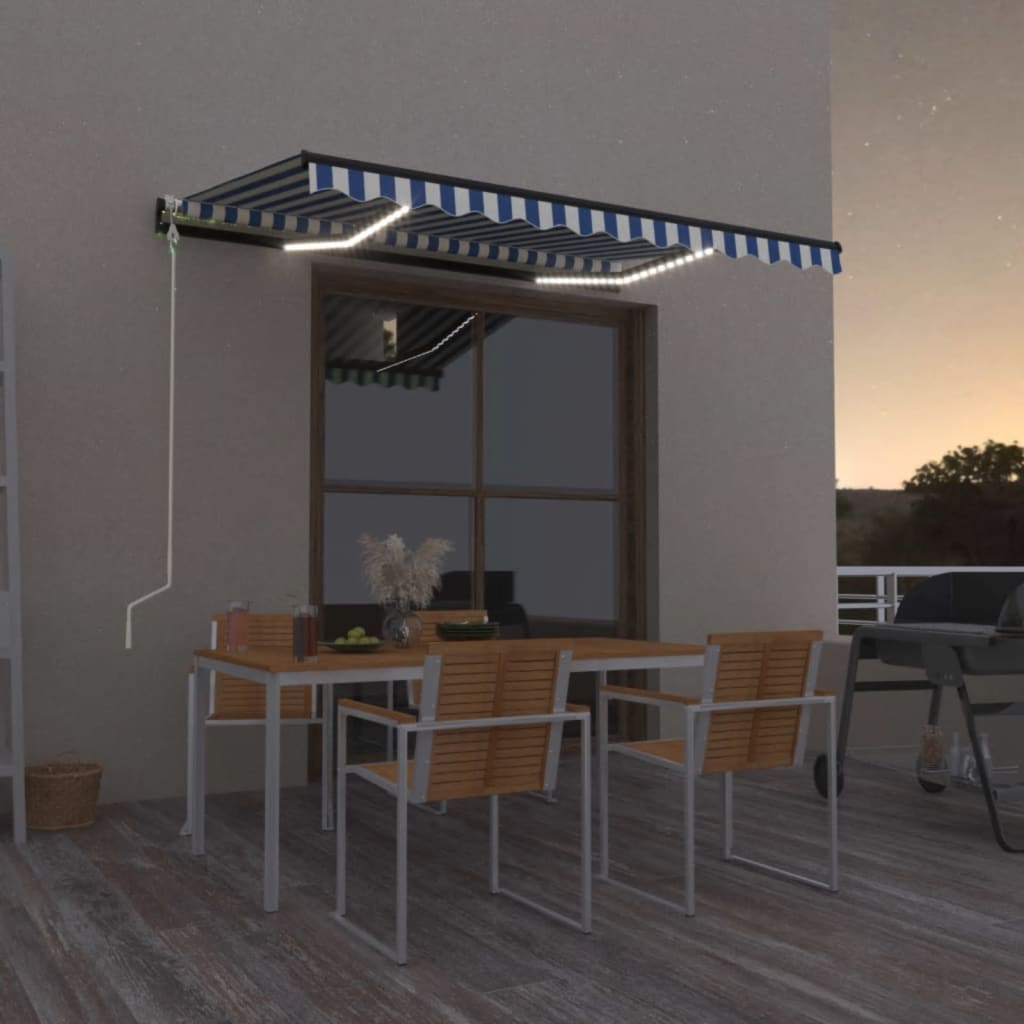Vidaxl Luifel automatico con LED e sensore del vento 400x300 cm blu e bianco