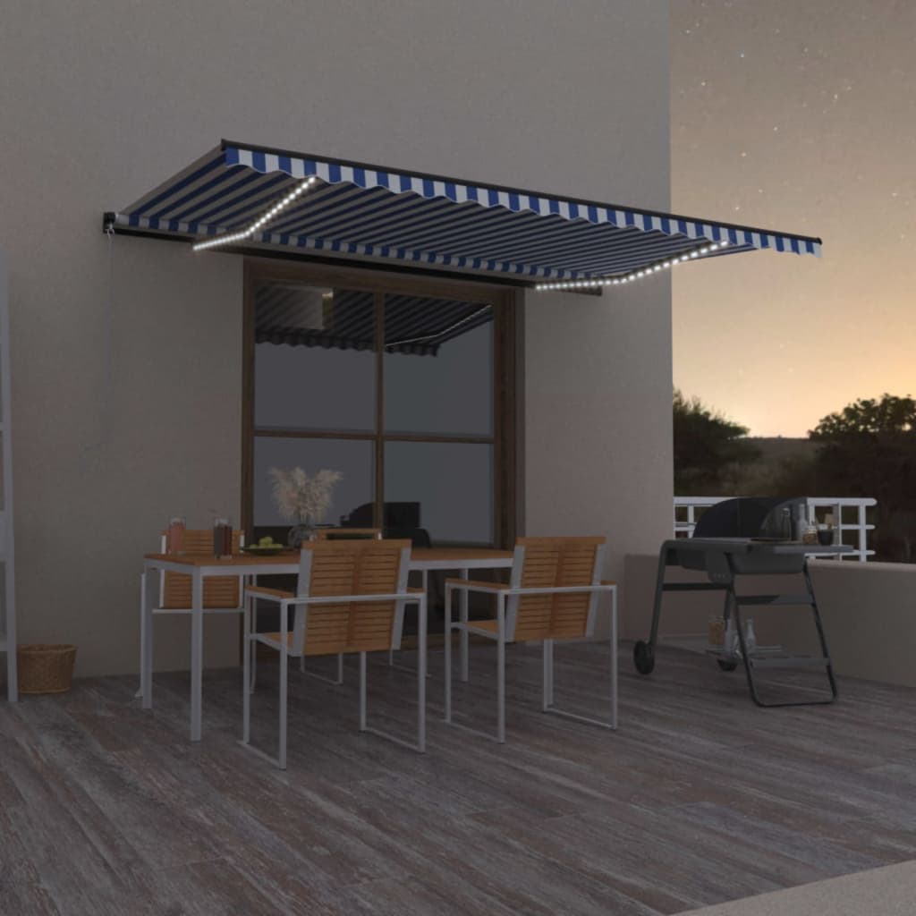Vidaxl Luifel estendibile manualmente con LED 500x300 cm blu e bianco