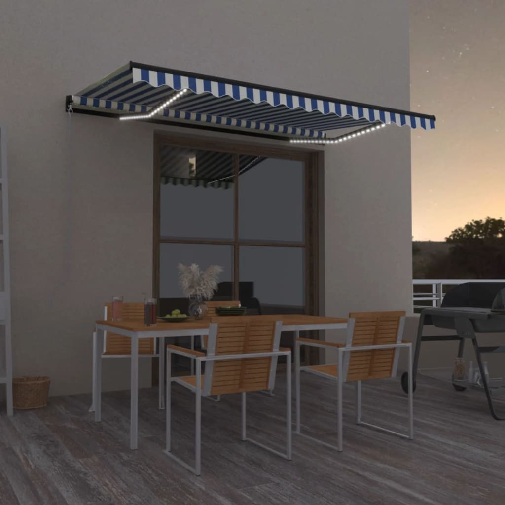 Vidaxl Luifel se puede extender manualmente con LED 400x350 cm azul y blanco
