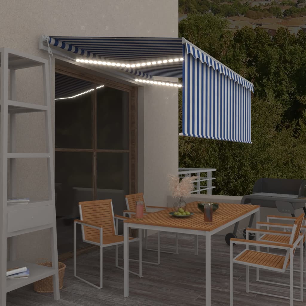 Toldo vidaxx con estor enrollable, LED y sensor de viento 3x2,5 m azul y blanco