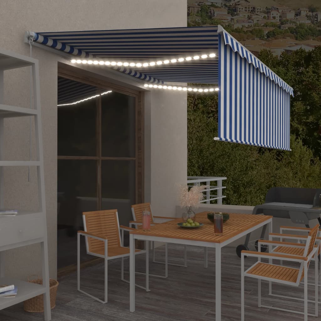 Vidaxl Luifel LED cieco a rulli estensibili manualmente 4,5x3 m blu bianco