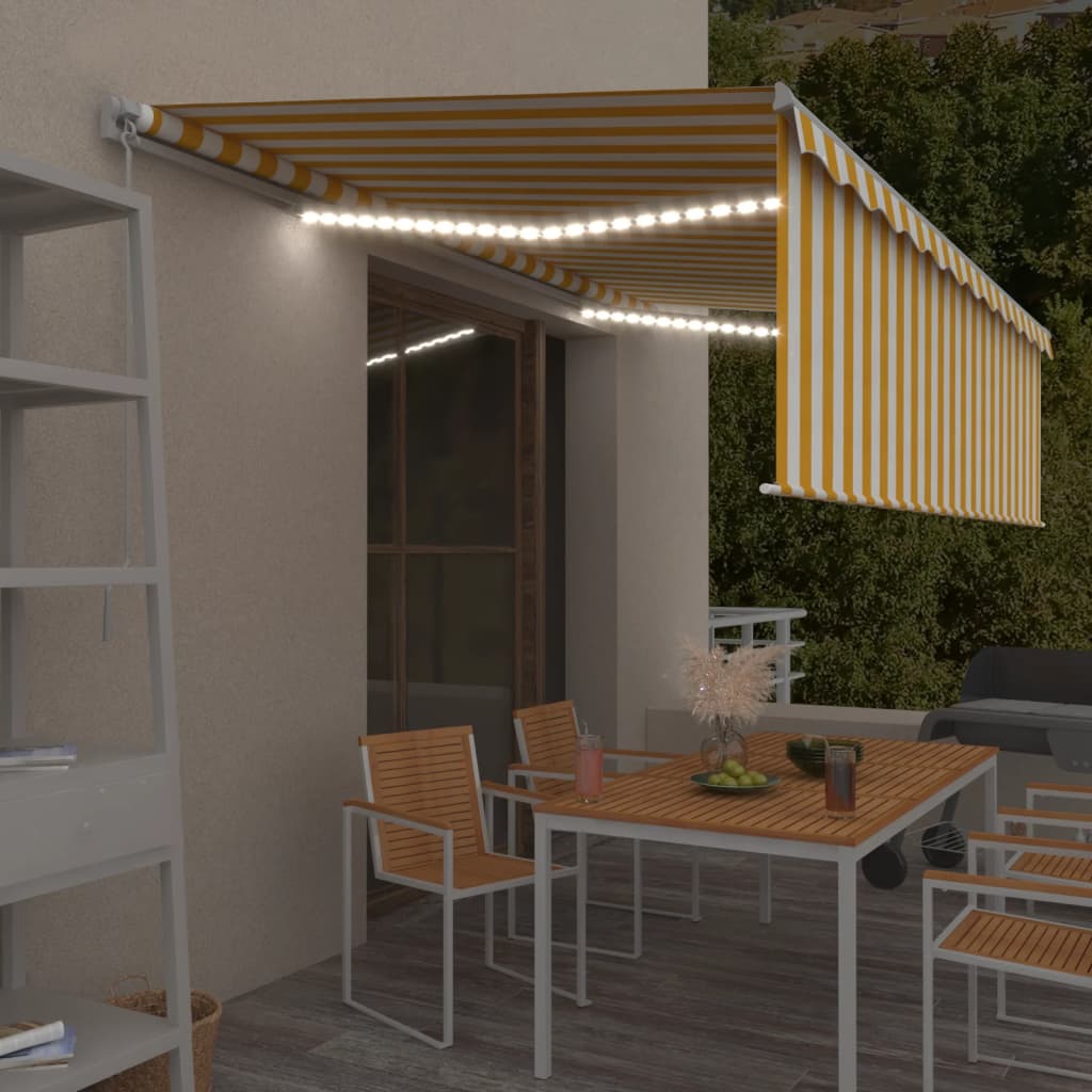 Vidaxl Luifel estensibile manualmente con LED a rullo LED 5x3 m giallo bianco