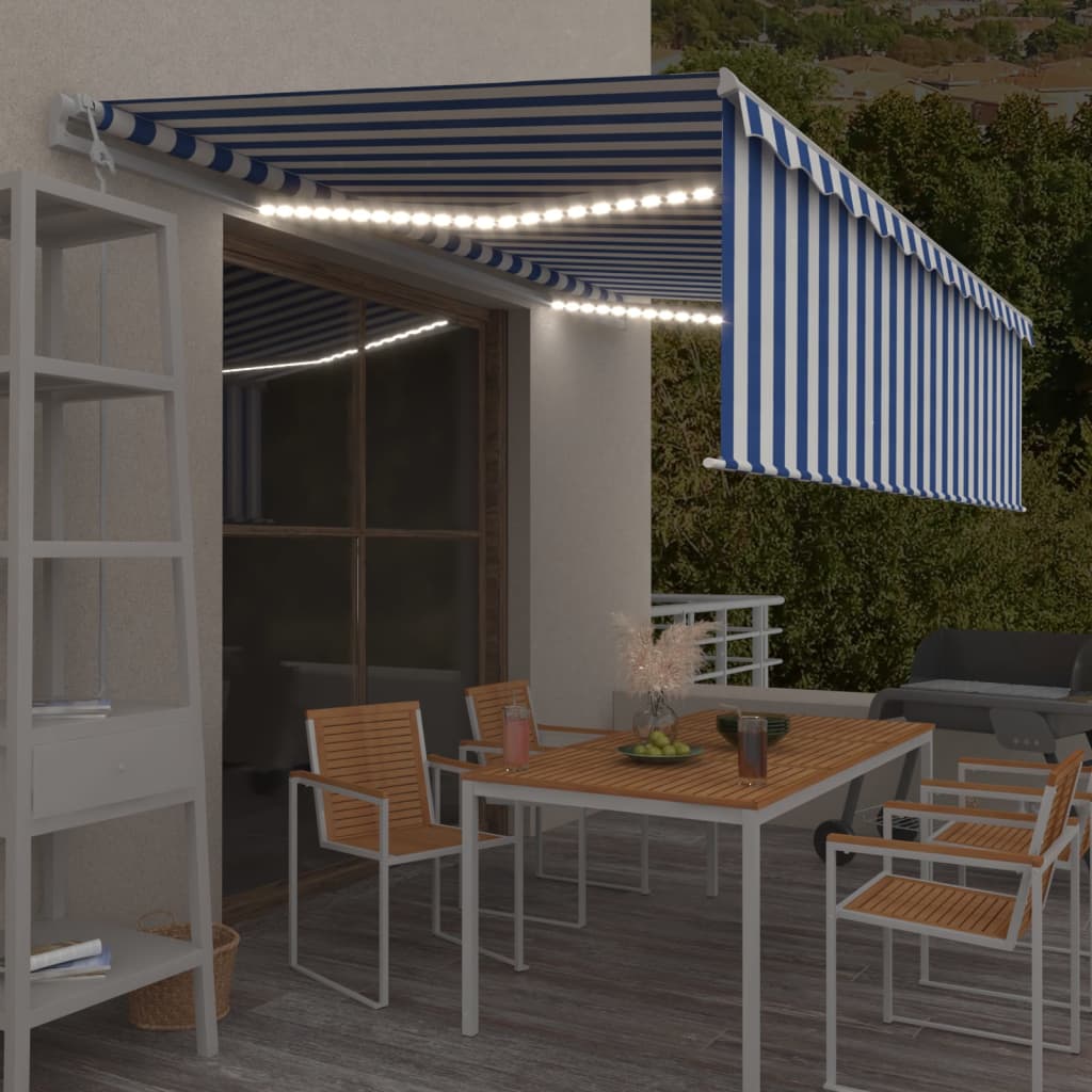 Vidaxl Luifel Sensor de viento de LED ciego de rodillo automático 5x3 m azul y blanco