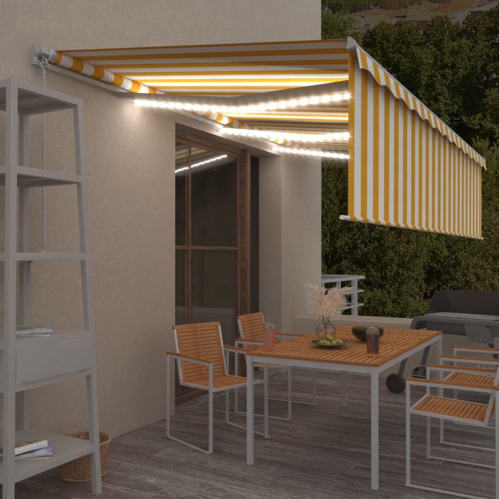 Vidaxl Luifel se puede extender manualmente con LED con cielo de rodillo 6x3 m blanco amarillo