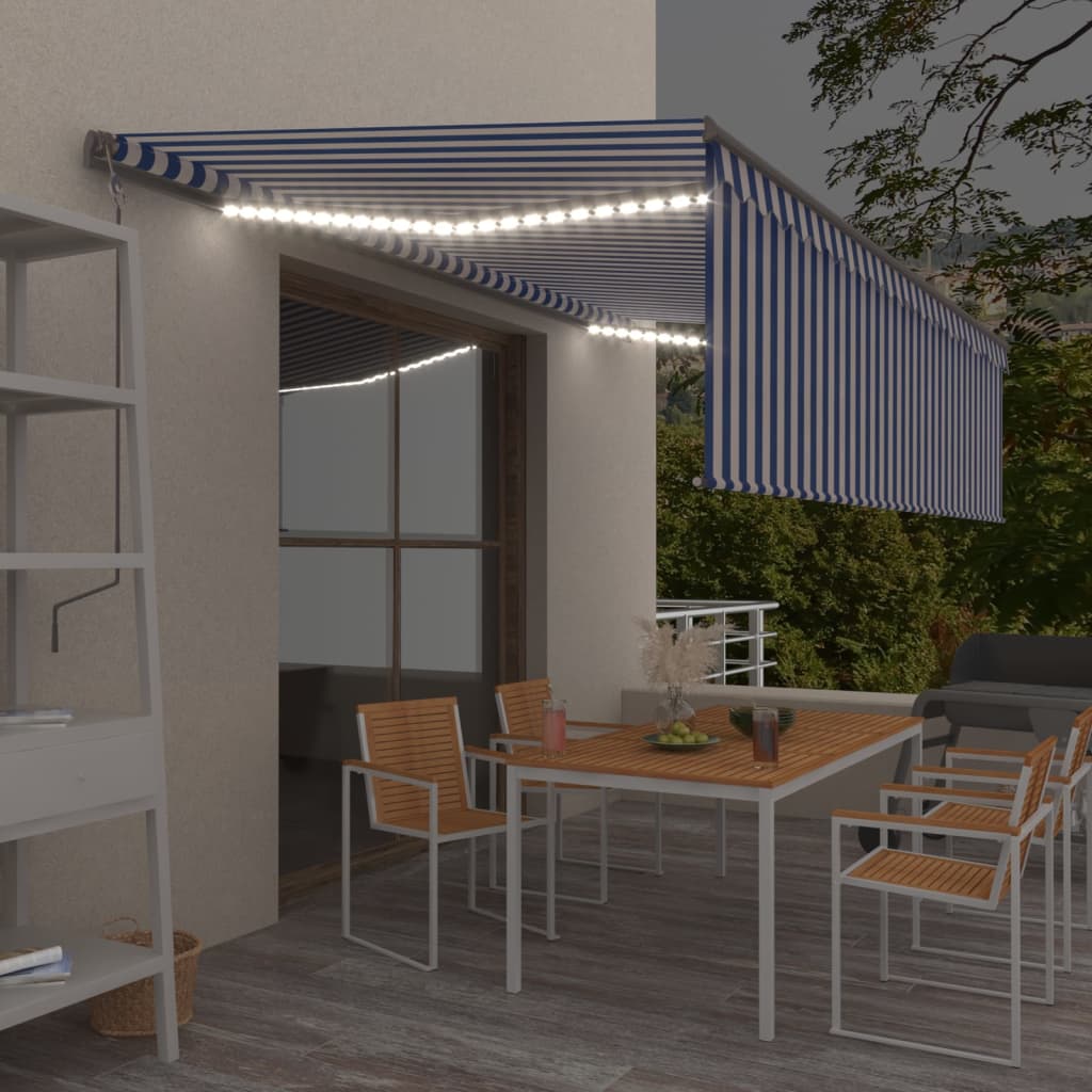 Vidaxl Luifel estendibile manualmente con LED cieco a rullo 5x3 m blu bianco