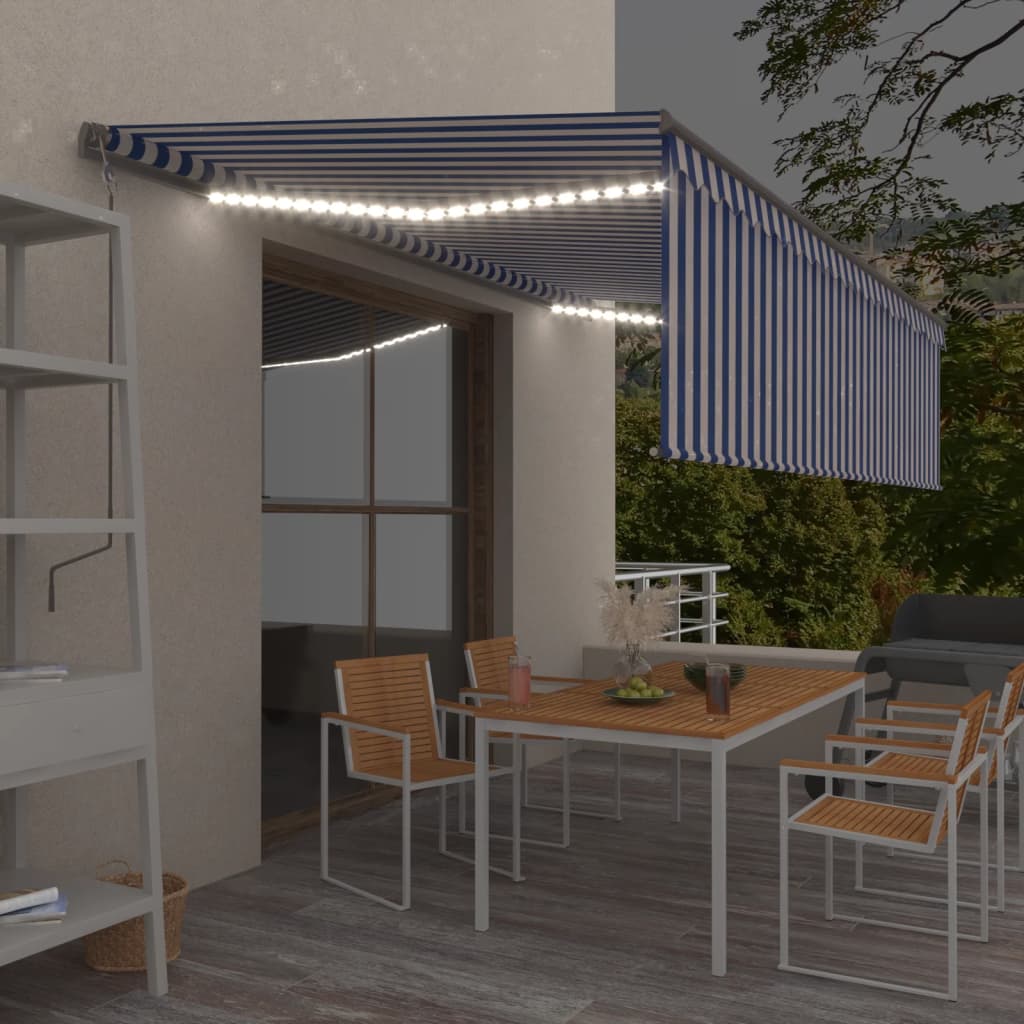 Vidaxl Luifel Sensor de viento de LED ciego de rodillo automático 5x3 m azul y blanco