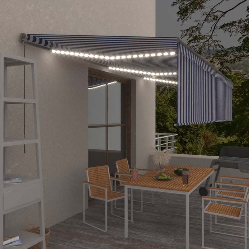Vidaxl Luifel estendibile manualmente con LED a rullo 6x3 m blu bianco