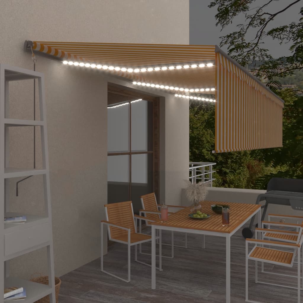 Vidaxl Luifel Sensor de viento de LED ciega de rodillo automático 6x3 cm blanco amarillo