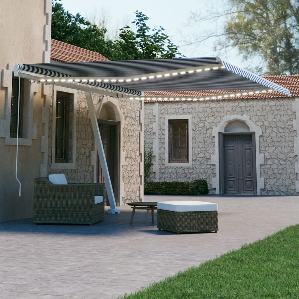 Vidaxl Luifel estendibile manualmente con LED 450x300 cm blu e bianco