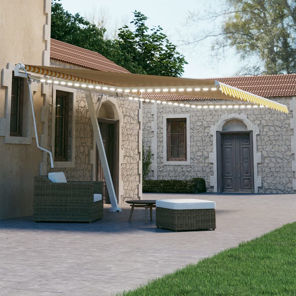 Vidaxl Luifel automático con sensor de LED y viento 450x300 cm amarillo y blanco