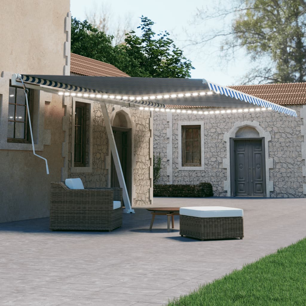 Vidaxl Luifel estendibile manualmente con LED 600x300 cm blu e bianco