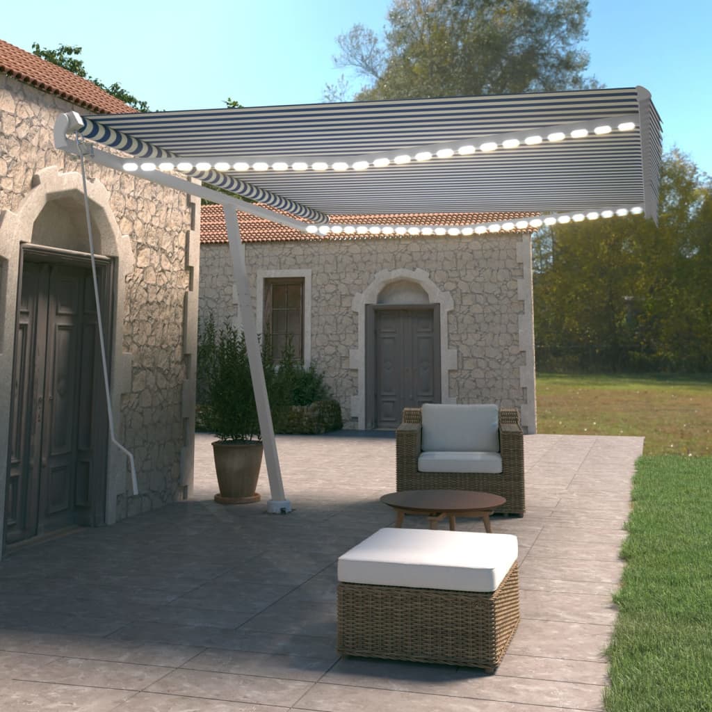 Vidaxl Luifel estendibile manualmente con LED 500x350 cm blu e bianco