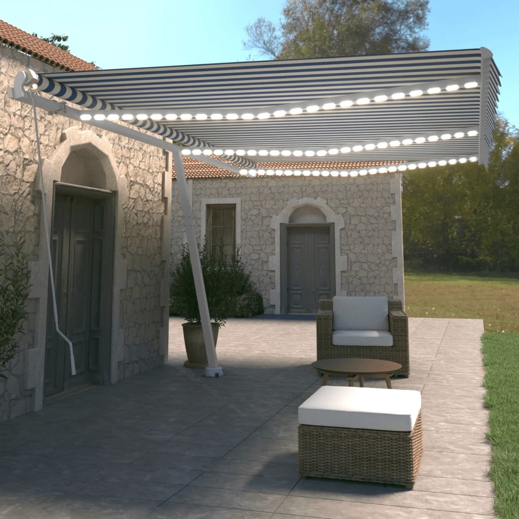 Vidaxl Luifel se puede extender manualmente con LED 600x350 cm azul y blanco