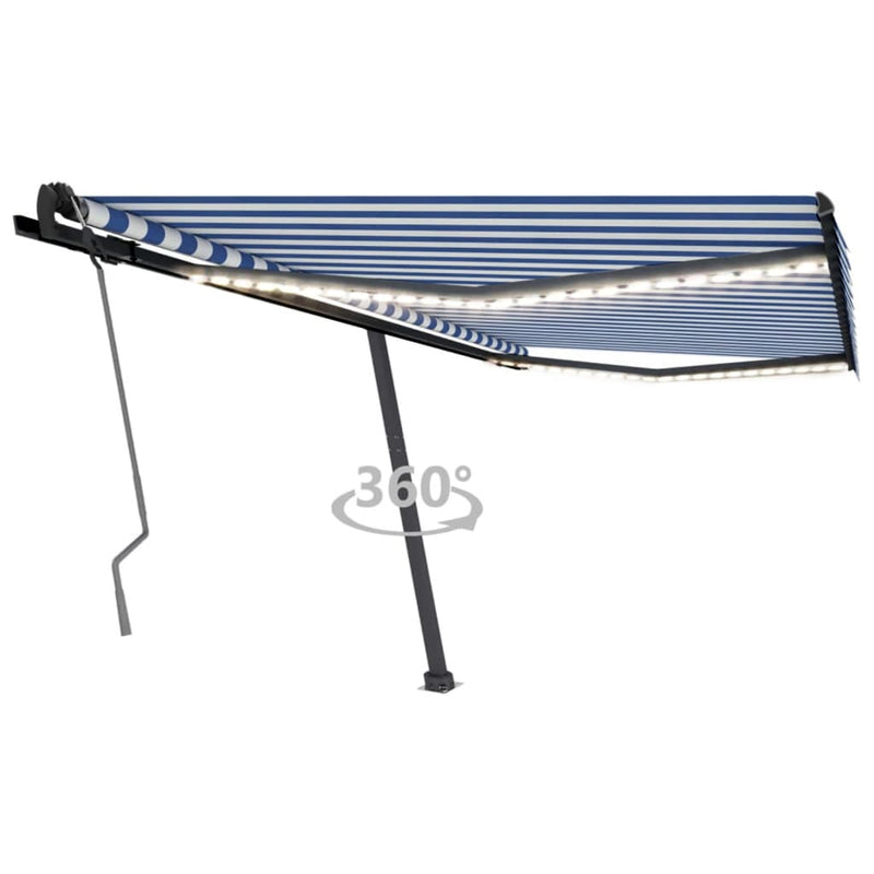 Vidaxl Luifel estendibile manualmente con LED 400x350 cm blu e bianco