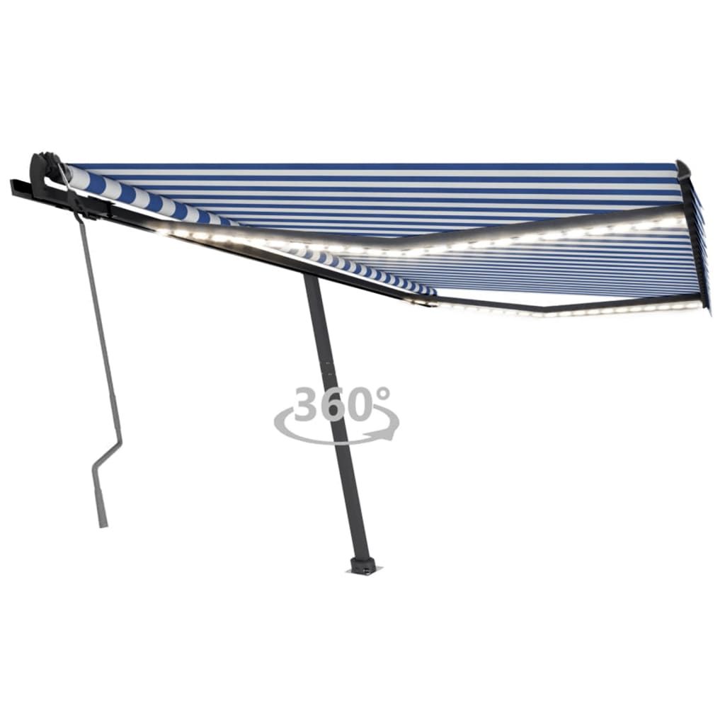 Vidaxl Luifel se puede extender manualmente con LED 450x350 cm azul y blanco