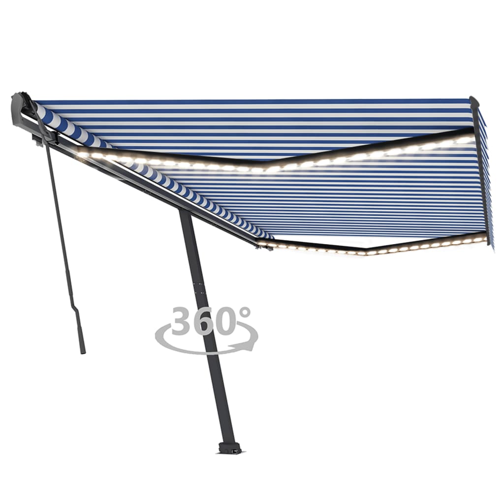 Vidaxl Luifel estendibile manualmente con LED 500x350 cm blu e bianco
