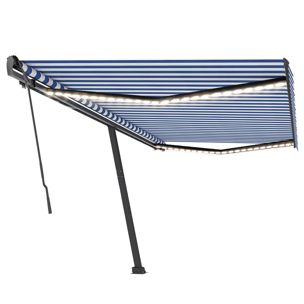 Vidaxl Luifel estendibile manualmente con LED 500x350 cm blu e bianco