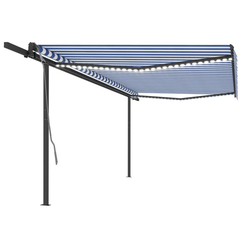 Vidaxl Luifel automático con sensor LED y viento 5x3 m azul y blanco