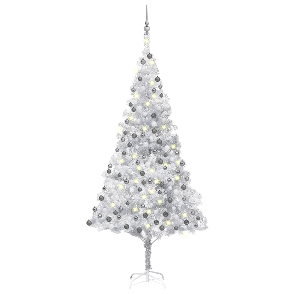 VidaXL Kunstkerstboom met verlichting en kerstballen 210 cm PET zilver