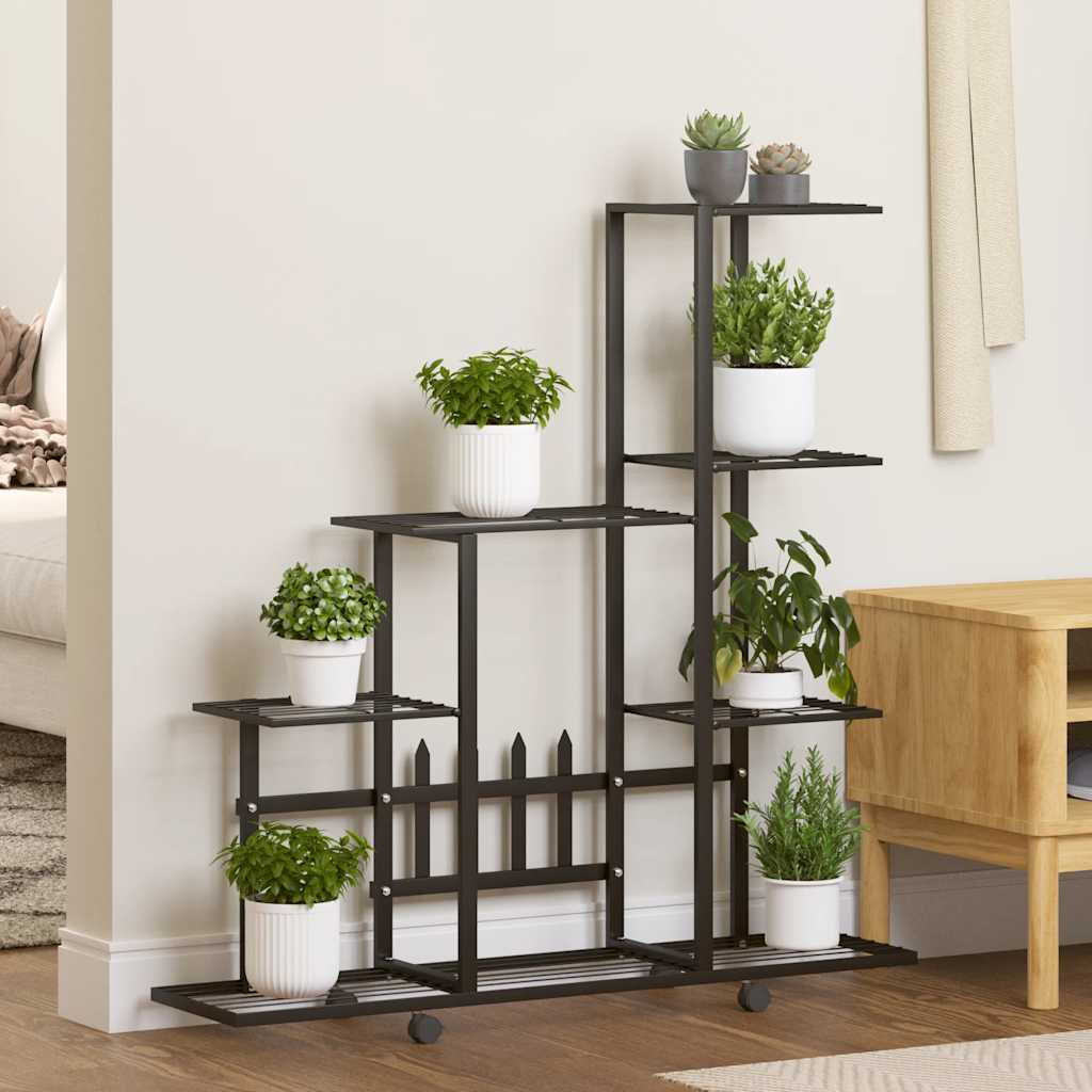 Soporte de flores Vidaxl con ruedas 94.5x25x92.5 cm de metal negro