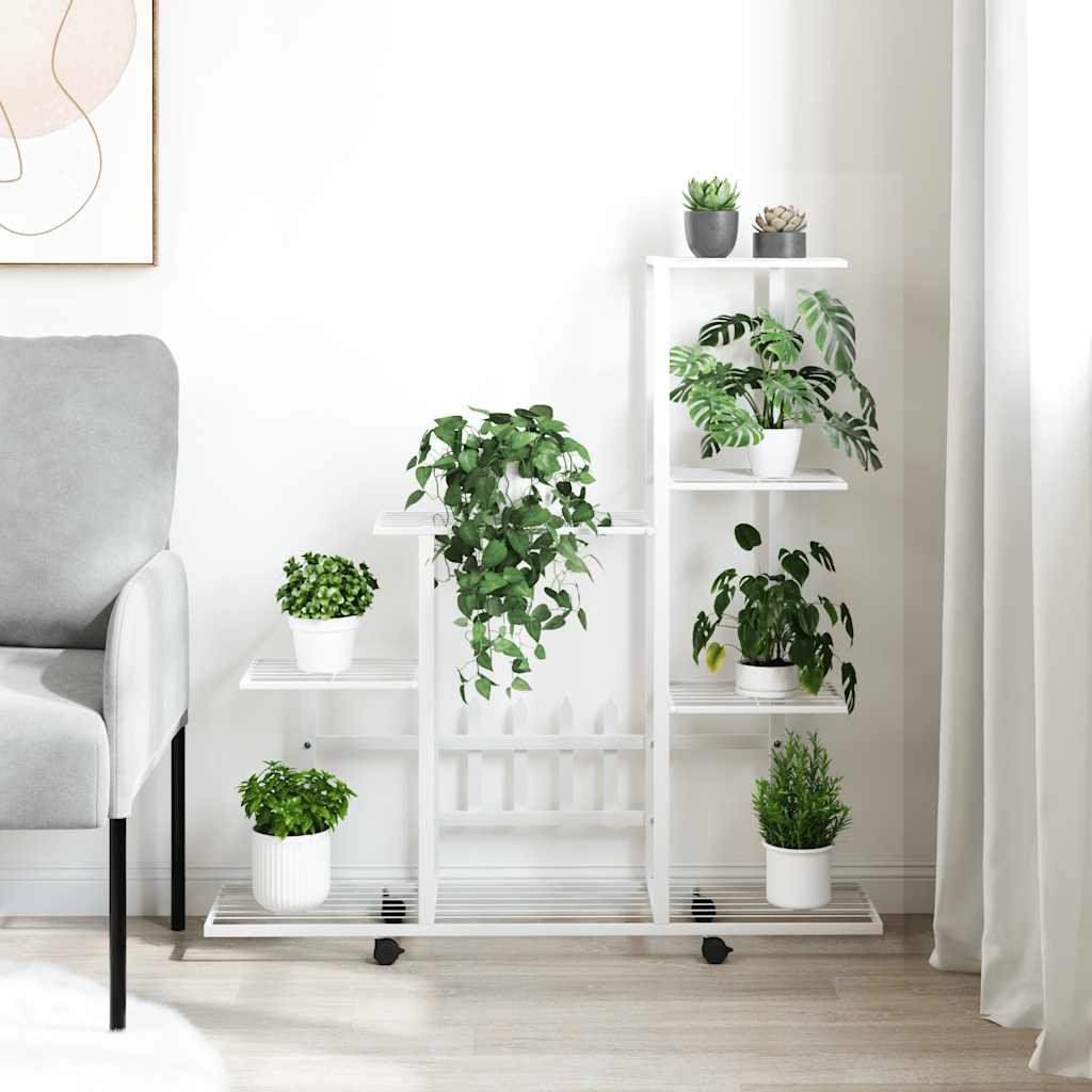 Soporte de flores Vidaxl con ruedas 94.5x25x92.5 cm de metal blanco