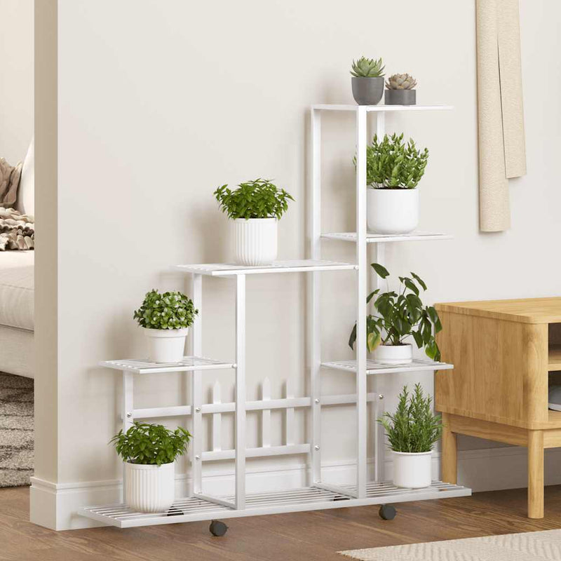 Soporte de flores Vidaxl con ruedas 94.5x25x92.5 cm de metal blanco