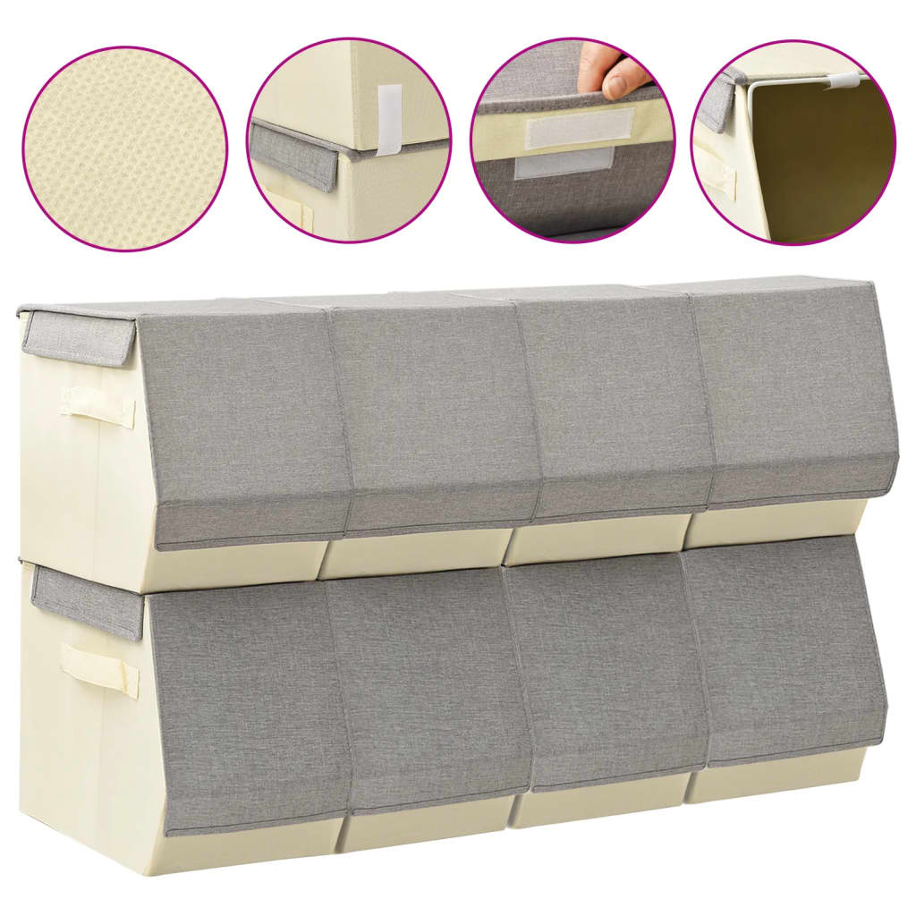 Set di scatole di stoccaggio a 8 pezzi Vidaxl con crema grigio in tessuto impilabile sul coperchio