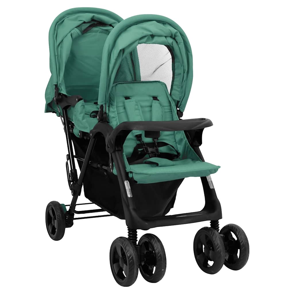Cochecito VidaXL Twin Tandem Verde Acero