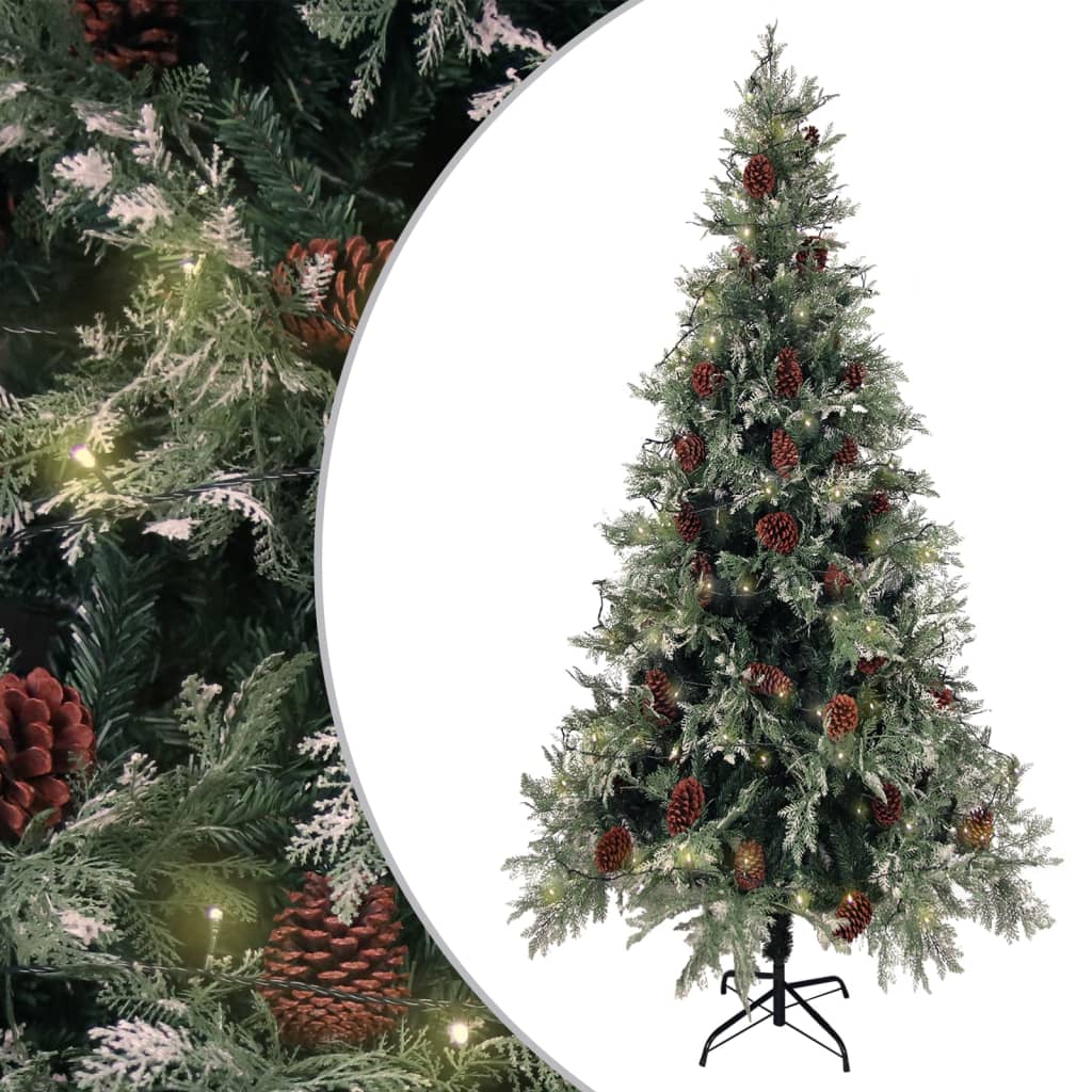 Vidaxl Tree di Natale con coni a LED e pini 225 cm PVC e PE verde e bianco