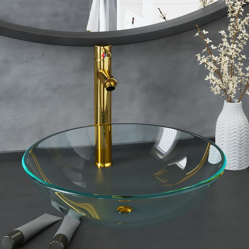 Vidaxl Washbasin con grúa y vidrio de drenaje emergente transparente