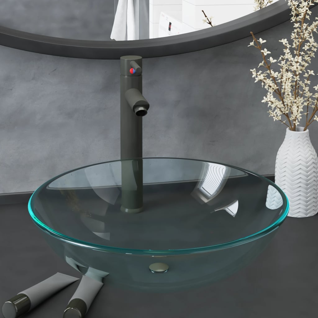 Lavello VidaXL con rubinetto e scarico automatico, vetro temperato, trasparente