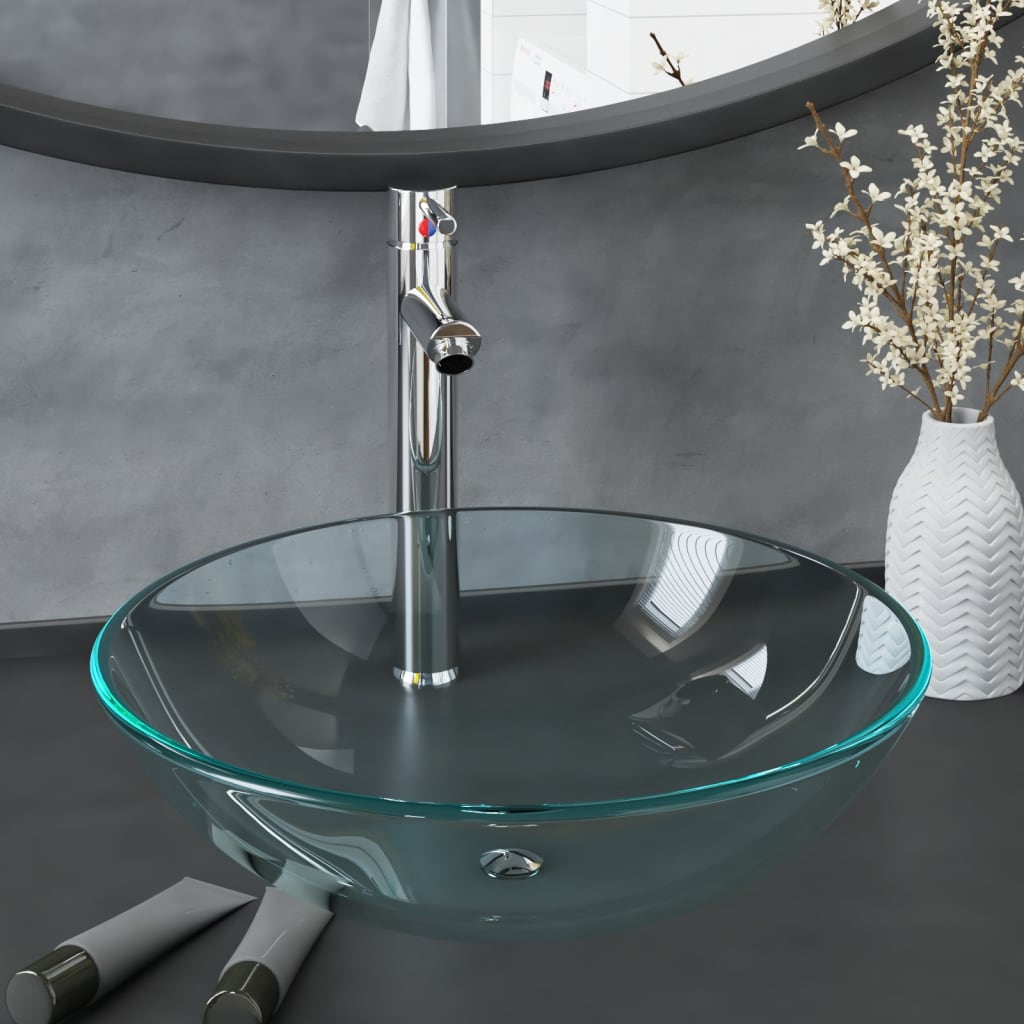 Fregadero VidaXL con grifo y desagüe automático, vidrio templado, transparente