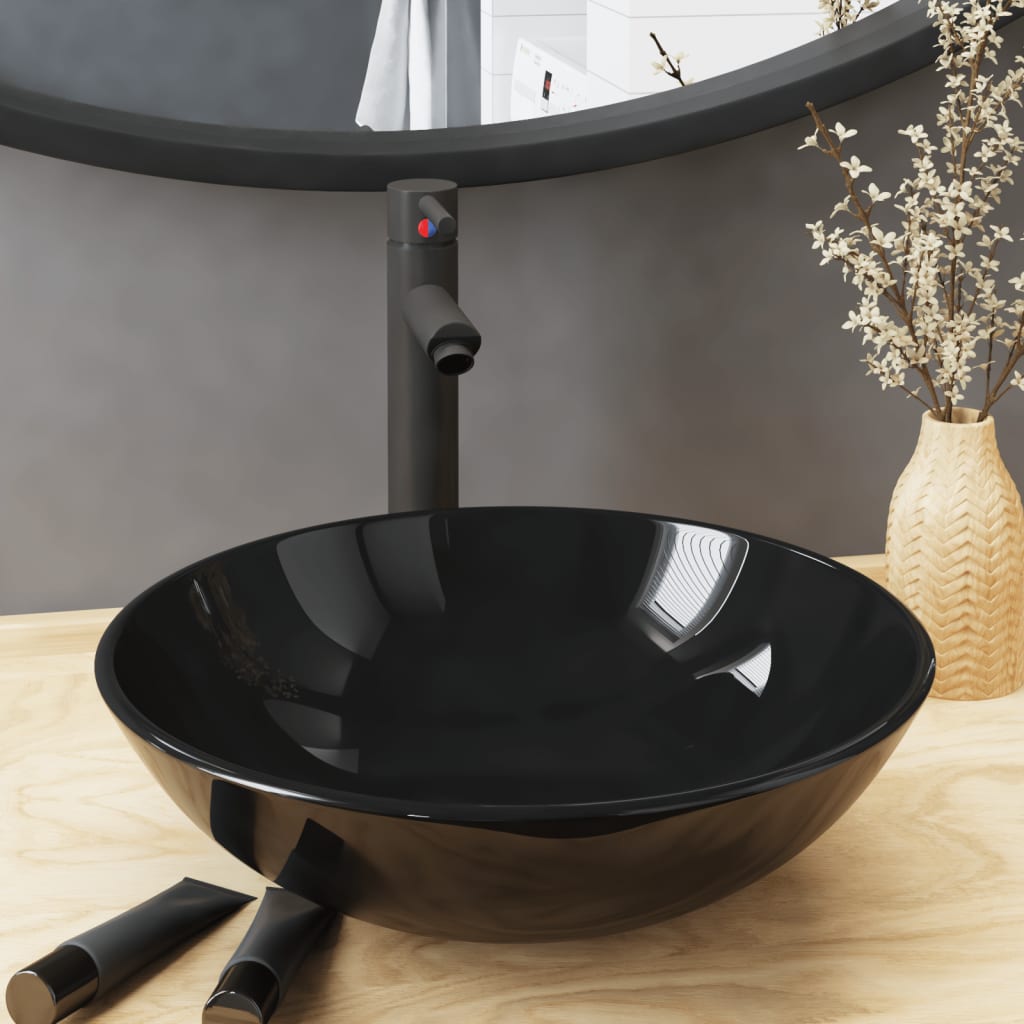 Fregadero VidaXL con grifo y desagüe automático, vidrio templado, negro