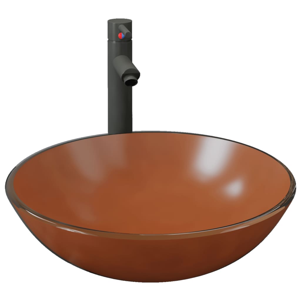 Fregadero VidaXL con grifo y desagüe automático, vidrio templado, marrón