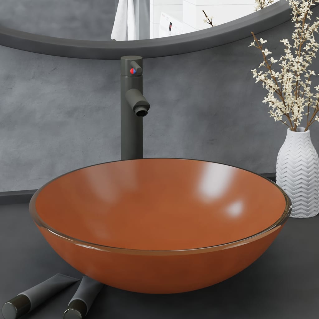 Fregadero VidaXL con grifo y desagüe automático, vidrio templado, marrón