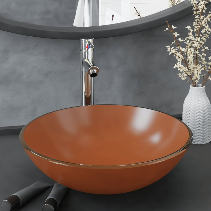 Fregadero VidaXL con grifo y desagüe automático, vidrio templado, marrón