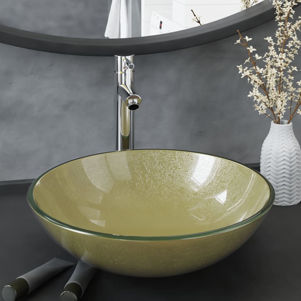 Vidaxl Washbasin con grúa y vaso emergente de color de oro de vidrio