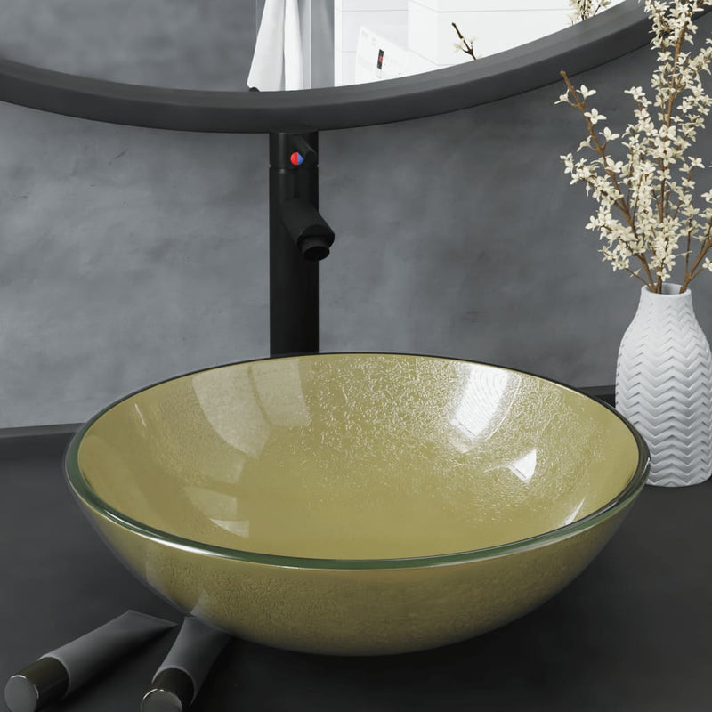 Vidaxl Washbasin con grúa y vaso emergente de color de oro de vidrio