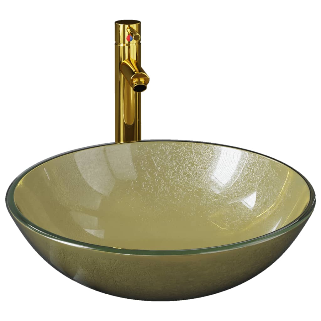 Vidaxl Washbasin con grúa y vaso emergente de color de oro de vidrio
