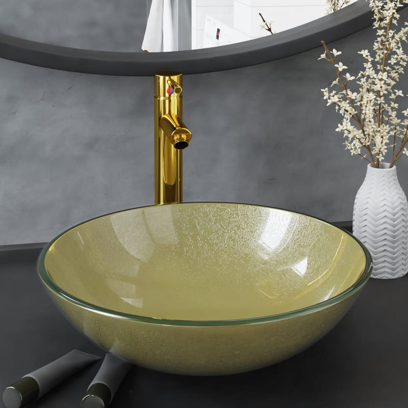 Vidaxl Washbasin con grúa y vaso emergente de color de oro de vidrio