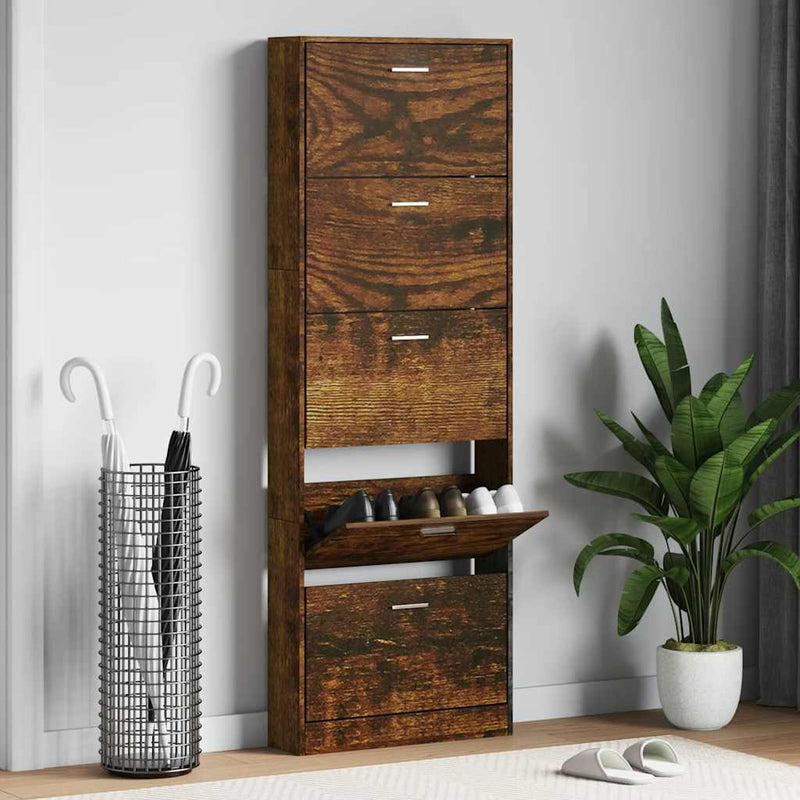Gabinete de zapatos Vidaxl 59x17x169 CM Madera de madera propiedad de roble ahumado