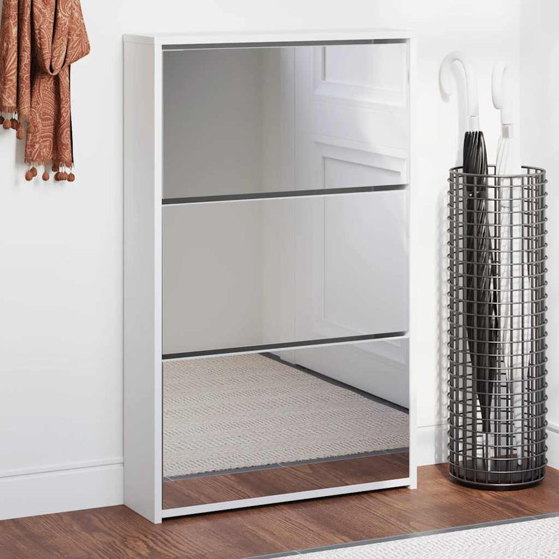 Gabinete de zapato Vidaxl con espejo 3 capas 63x17x102.5 cm de alto brillo blanco