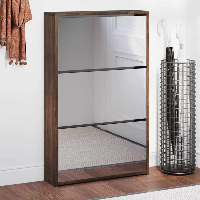 Gabinete de zapato Vidaxl con espejo 3 capas 63x17x102.5 cm de roble ahumado