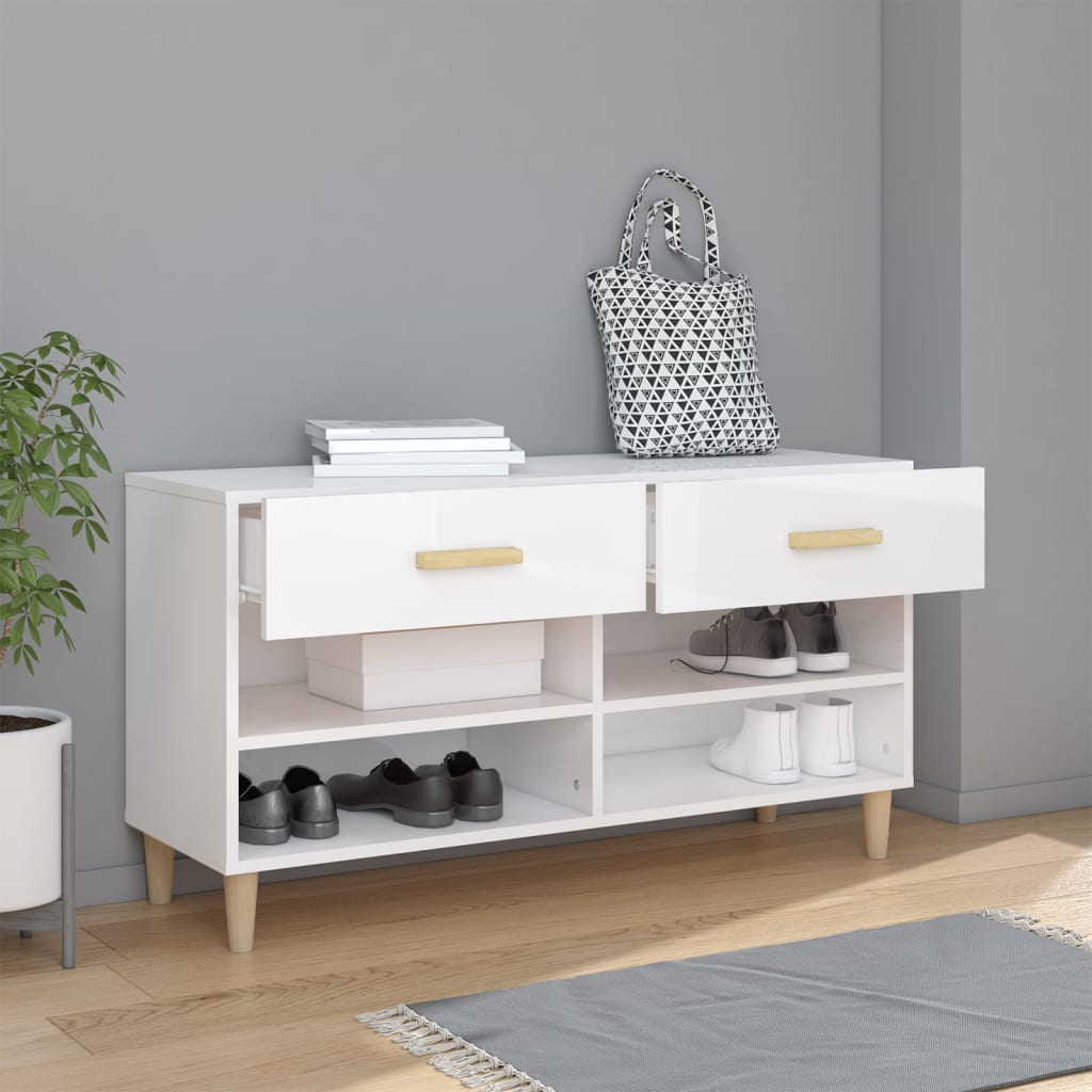 Gabinete de zapatos Vidaxl 102x35x55 cm de madera procesada de alto brillo blanco