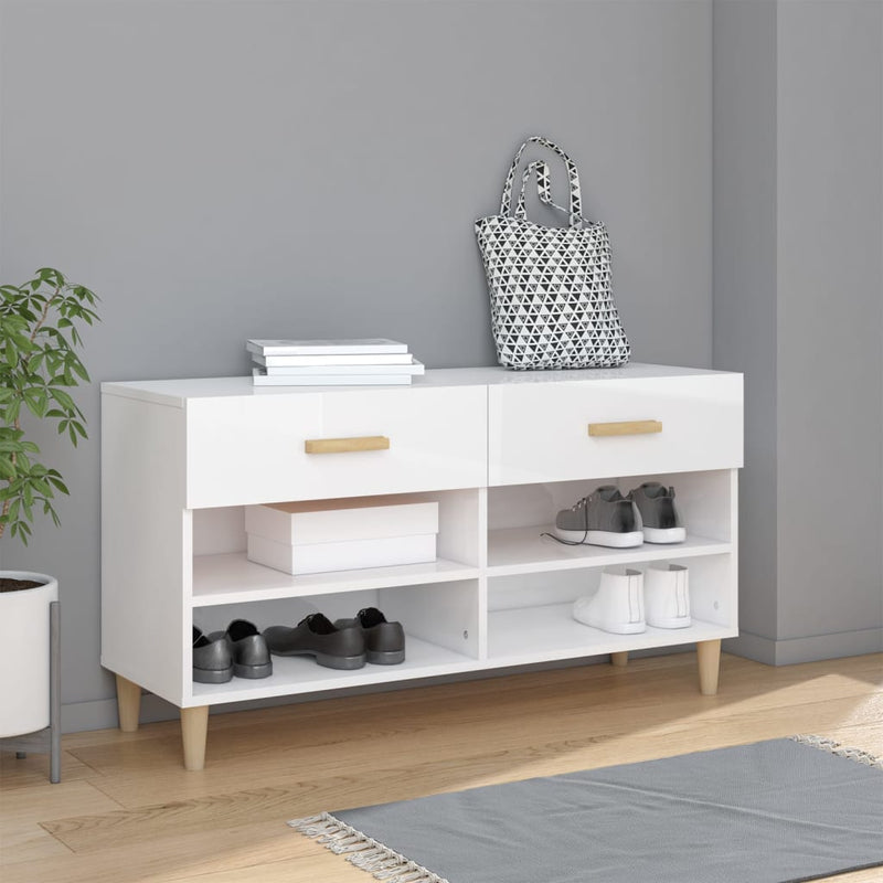 Gabinete de zapatos Vidaxl 102x35x55 cm de madera procesada de alto brillo blanco
