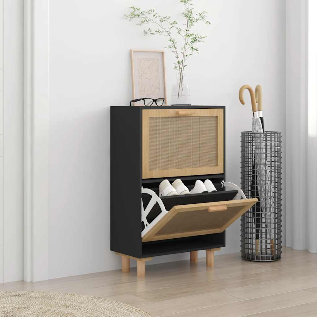 Vidaxl Cabinet da scarpe 52x25x80 cm Properped legno e rattan nero
