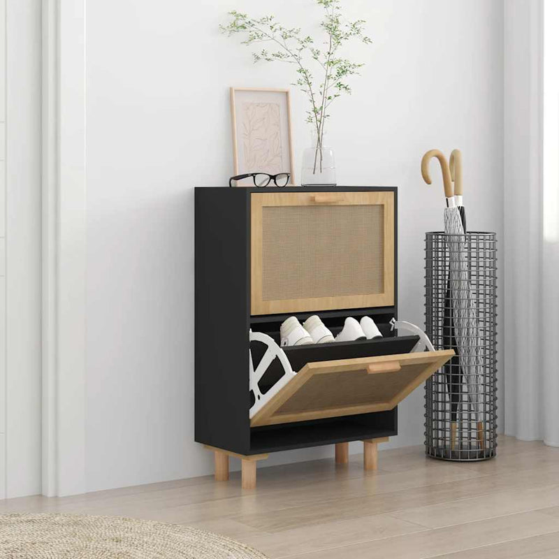 Gabinete de zapatos Vidaxl 52x25x80 cm de madera propiedad y ratán negro