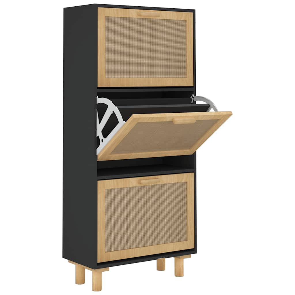 Vidaxl Cabinet da scarpe 52x25x115 cm Properped legno e rattan nero